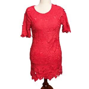 June & Ivy dress coral orange short sheer sleeves floral knit lace lined Sz M